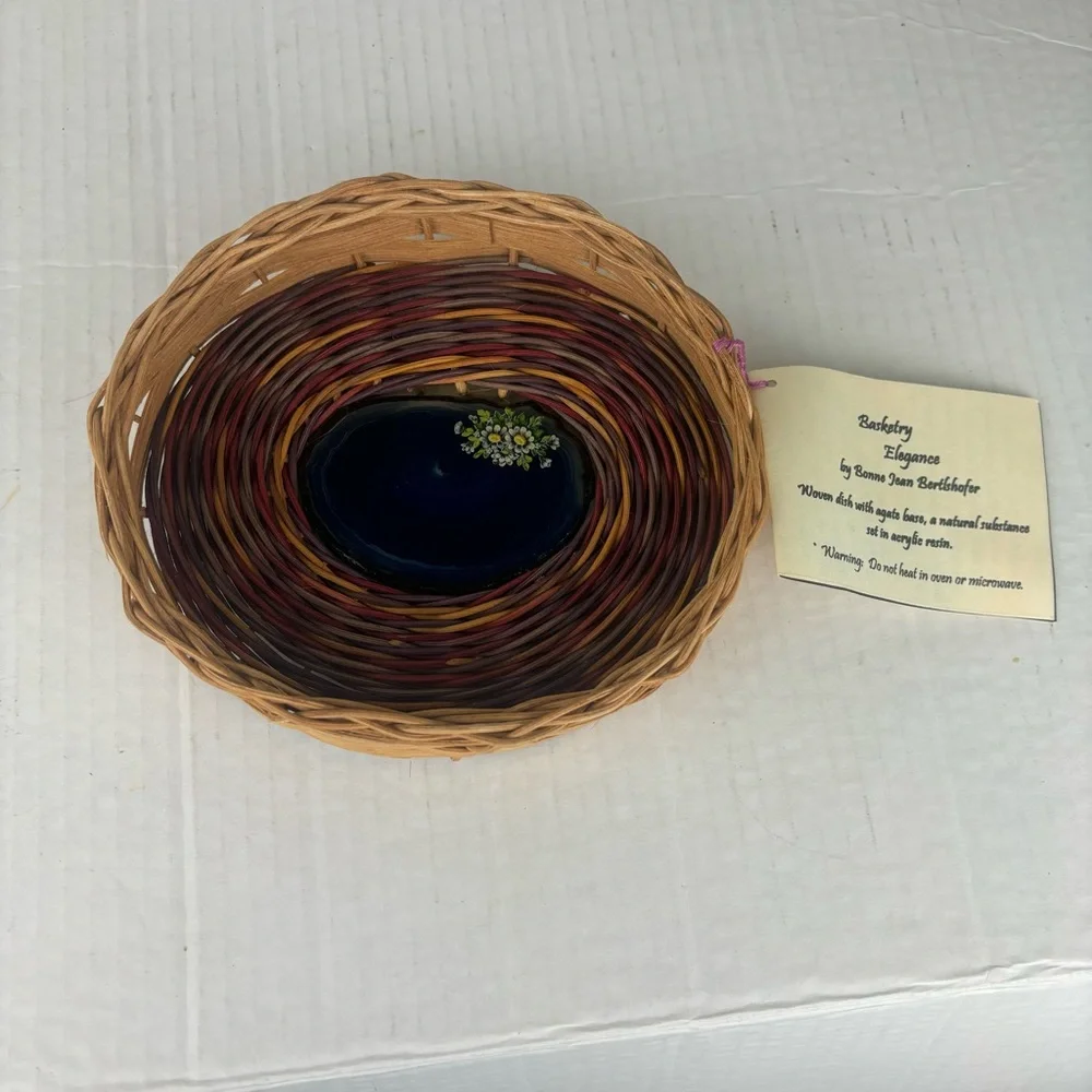 Basketry Elegance-handcrafted multi-colored small tray with agate center-NWT